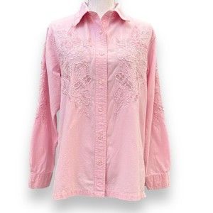 The Quacker Factory Shirt Floral Button Size M Soft Pink Sequin Embroidery Beads